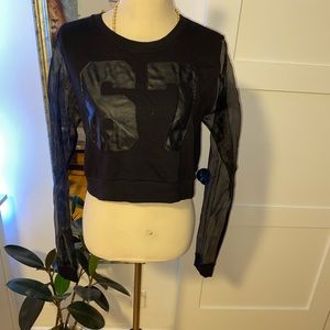 Black letterman top with sheer sleeves